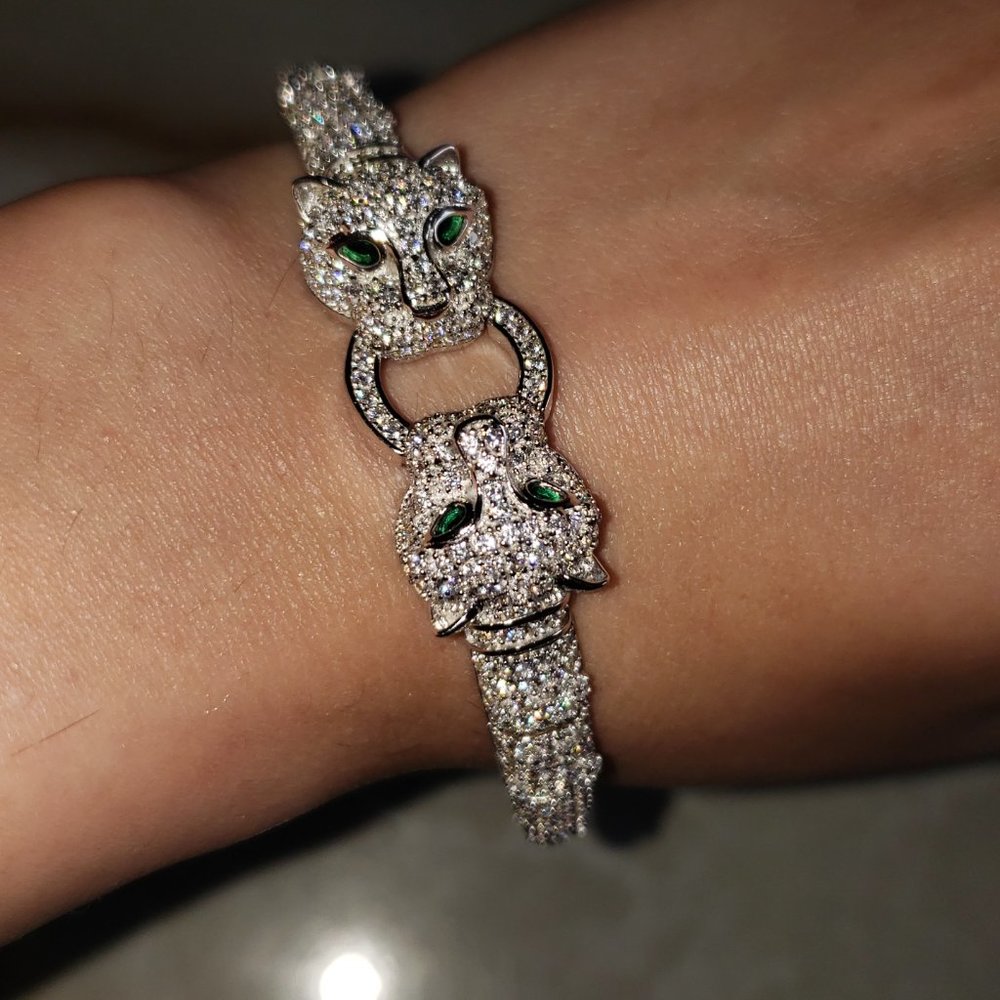 Sterling silver - jaguar/ leopard / cat, double head, green eye bracelet